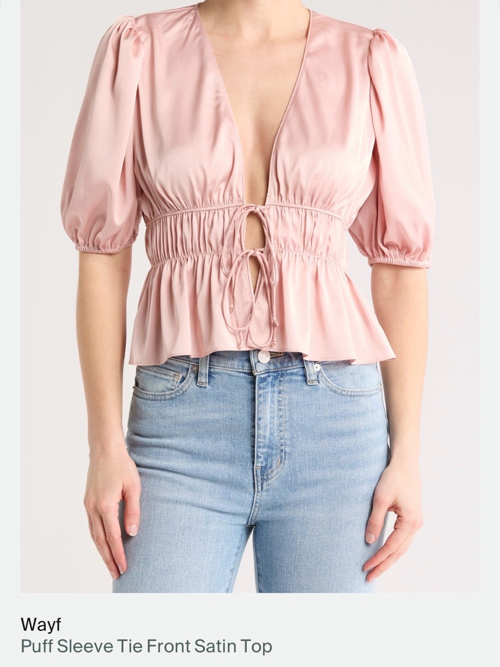WAYF Blush Satin Puff Sleeve Wrap Top NWT Size S